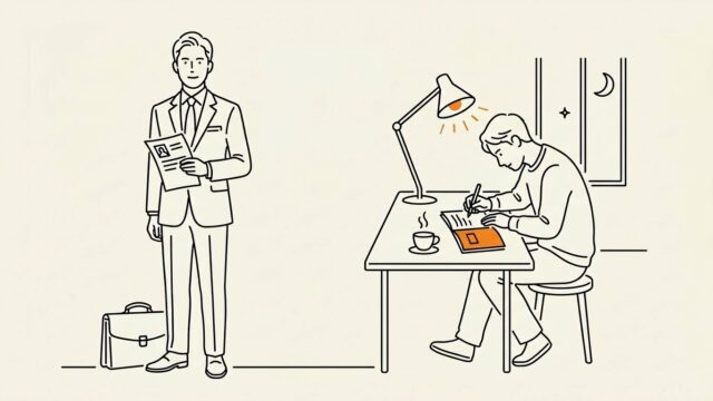 開かれた日記とネクタイの線画イラスト。面接の建前と日記の本音を対比した記事のアイキャッチ
