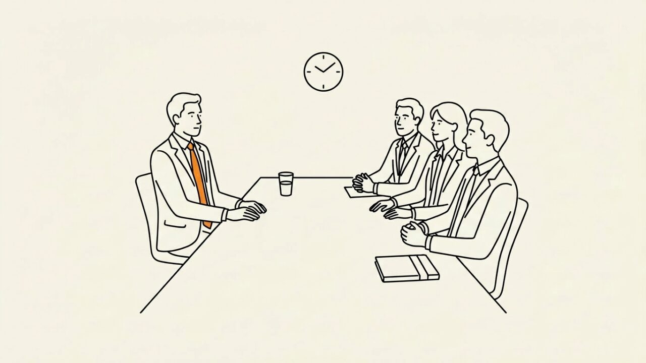 会議室で面接官3人と求職者1人が対峙する線画イラスト。短期離職を面接でどう乗り切ったかの記事のアイキャッチ
