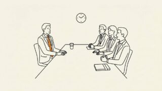 会議室で面接官3人と求職者1人が対峙する線画イラスト。短期離職を面接でどう乗り切ったかの記事のアイキャッチ