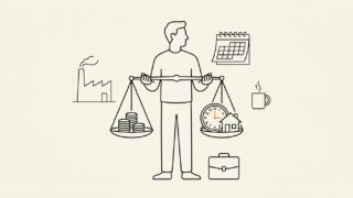 天秤を持つ男性のイラスト。年収と時間のバランスを考える転職のイメージ