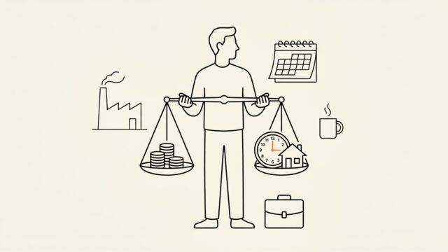 天秤を持つ男性のイラスト。年収と時間のバランスを考える転職のイメージ