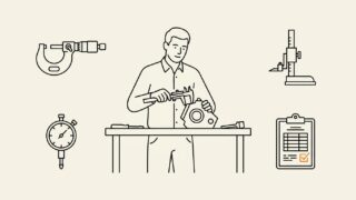 ノギスで金属部品を測る検査員の線画イラスト。製造業の品質管理・検査職のリアルを書いた記事のアイキャッチ