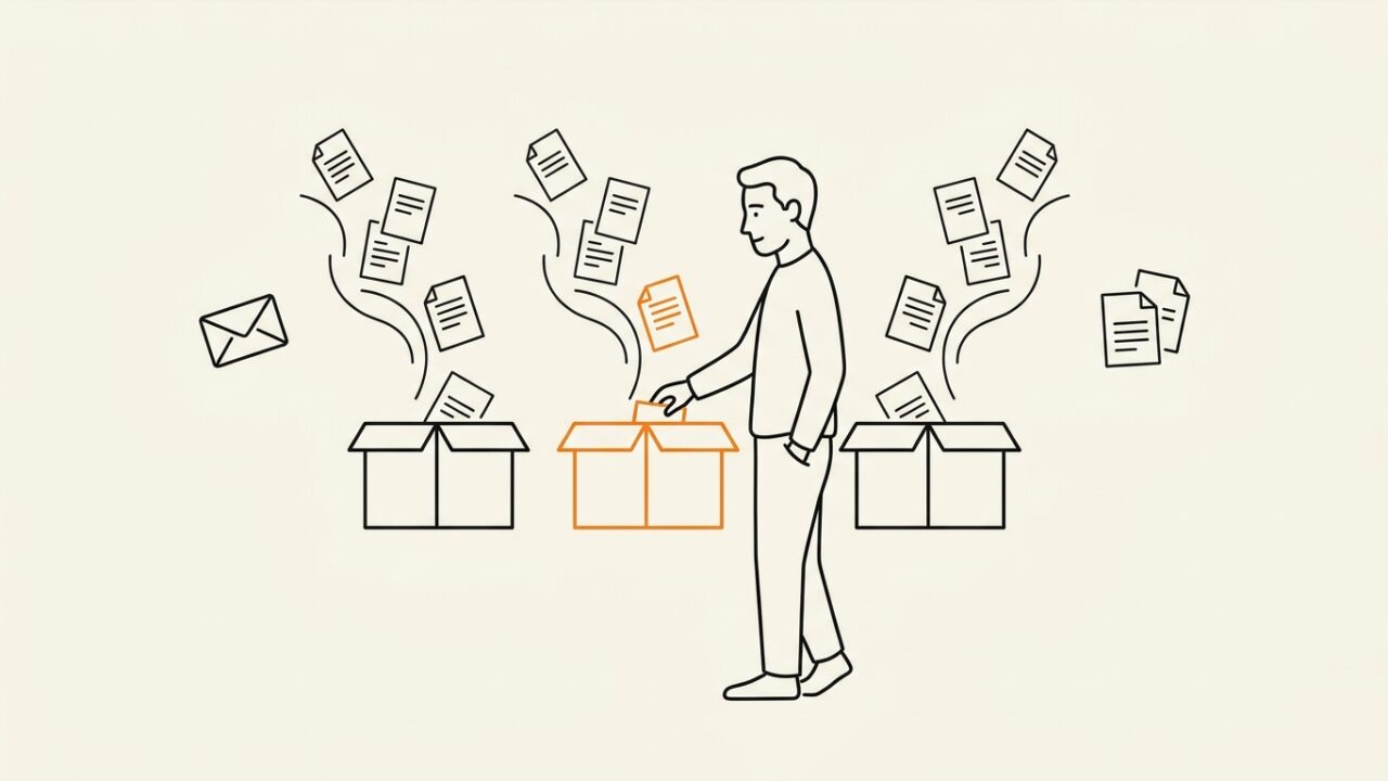 転職サービスを複数の箱に見立て、求人を選ぶ求職者のイラスト