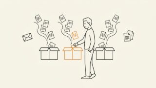 転職サービスを複数の箱に見立て、求人を選ぶ求職者のイラスト