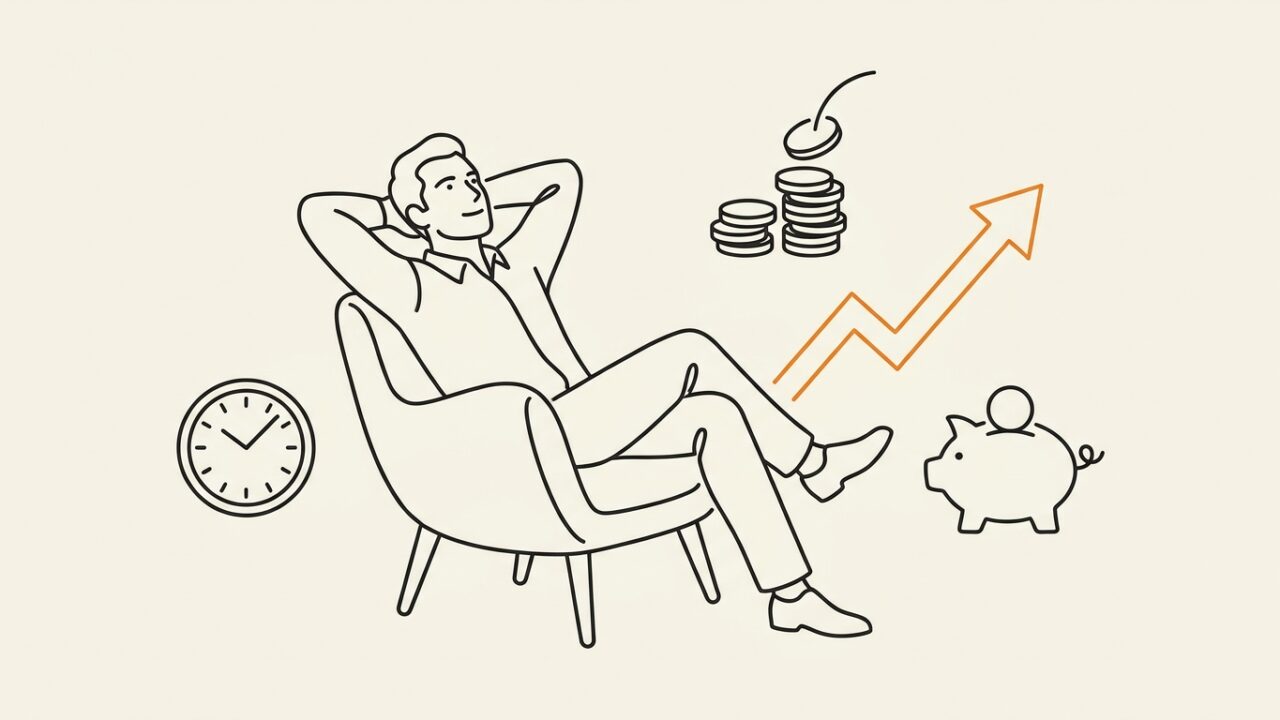 お金に追われず寛ぐ様子を描いたモノライン線画。年収より時間を選ぶ家計戦略とNISAの記事のアイキャッチ
